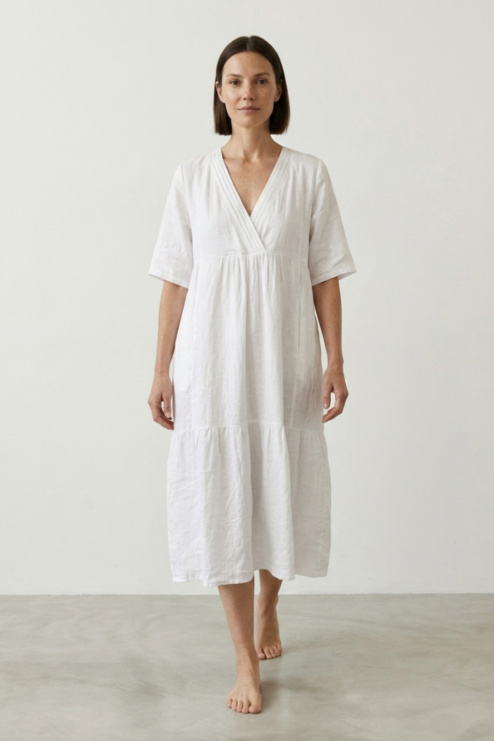 LONG V-NECK LINEN DRESS - WHITE, ONE SIZE