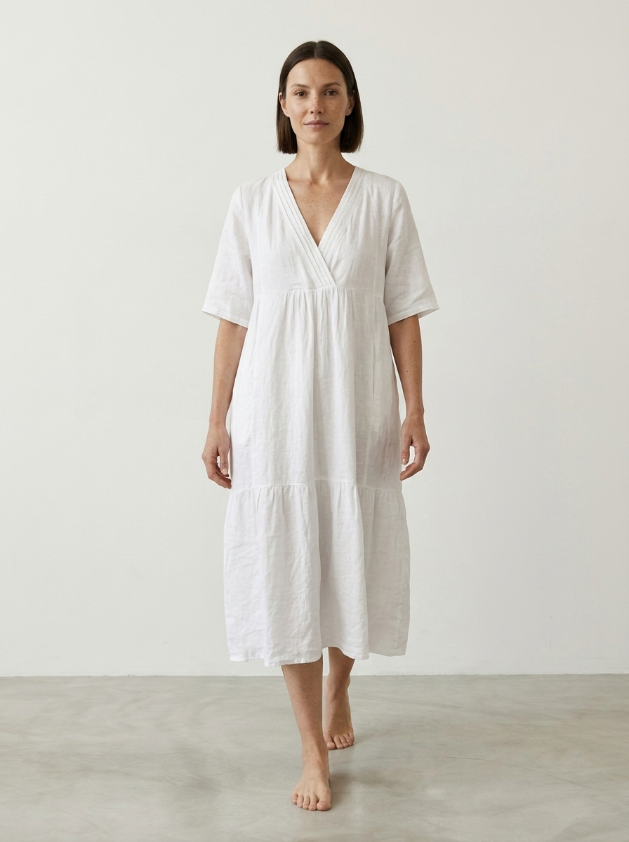 LONG V-NECK LINEN DRESS