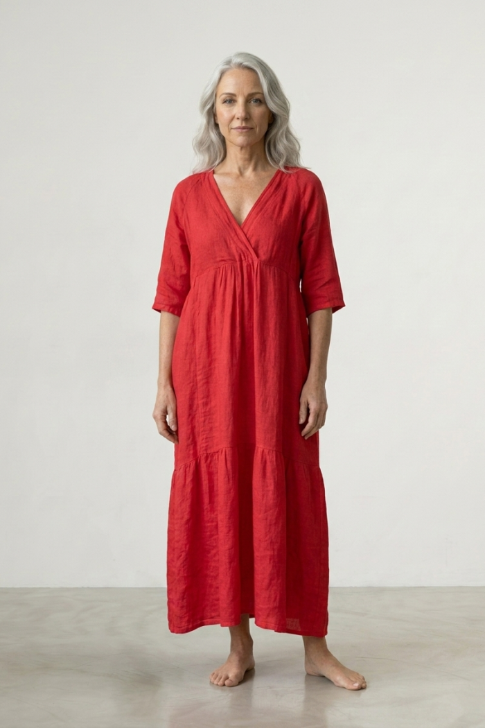 LONG V-NECK LINEN DRESS - RED, ONE SIZE