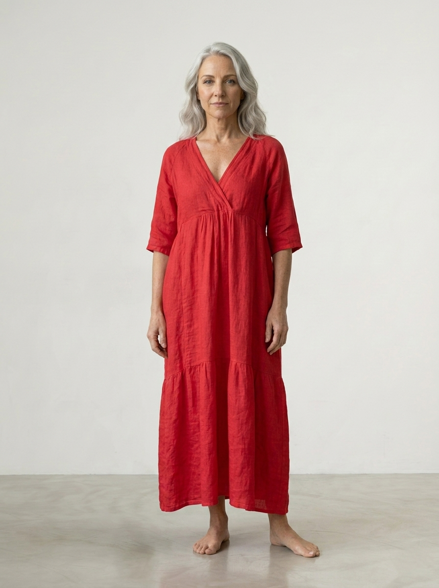 LONG V-NECK LINEN DRESS