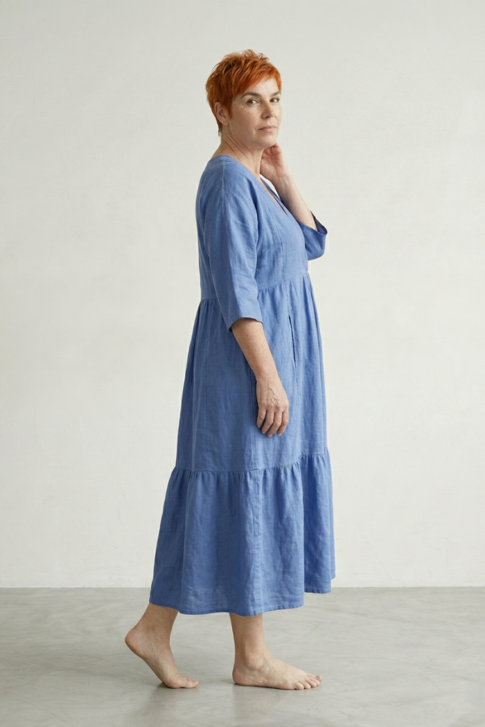 LONG V-NECK LINEN DRESS - COBALT, ONE SIZE
