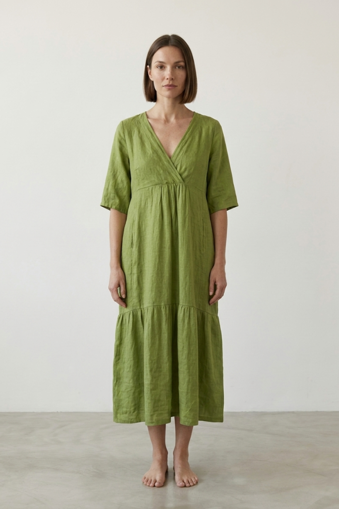 LONG V-NECK LINEN DRESS - LIME, ONE SIZE