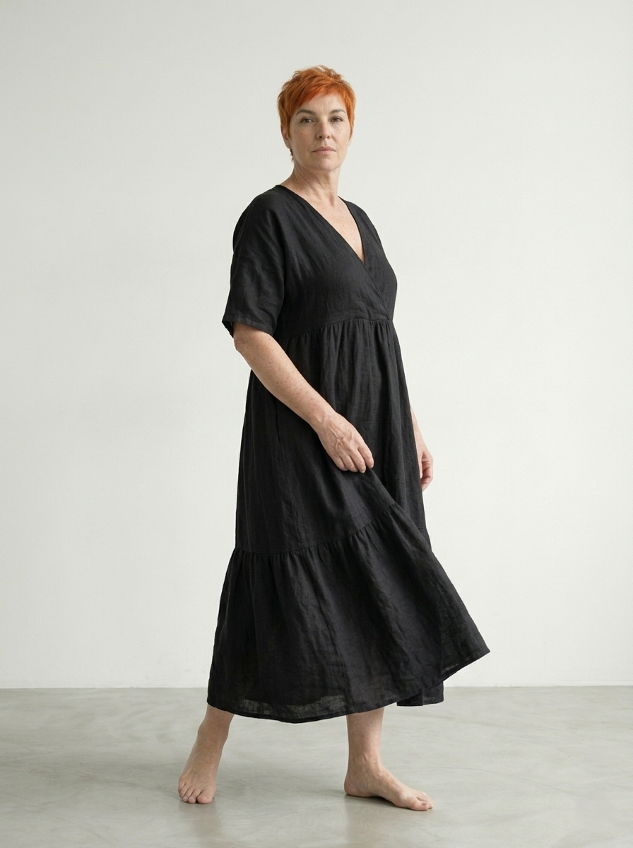 LONG V-NECK LINEN DRESS