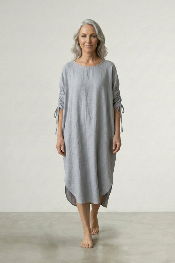 LINEN DRESS WITH DRAWSTRING SLEEVES - LIGHT GREY, ONE SIZE