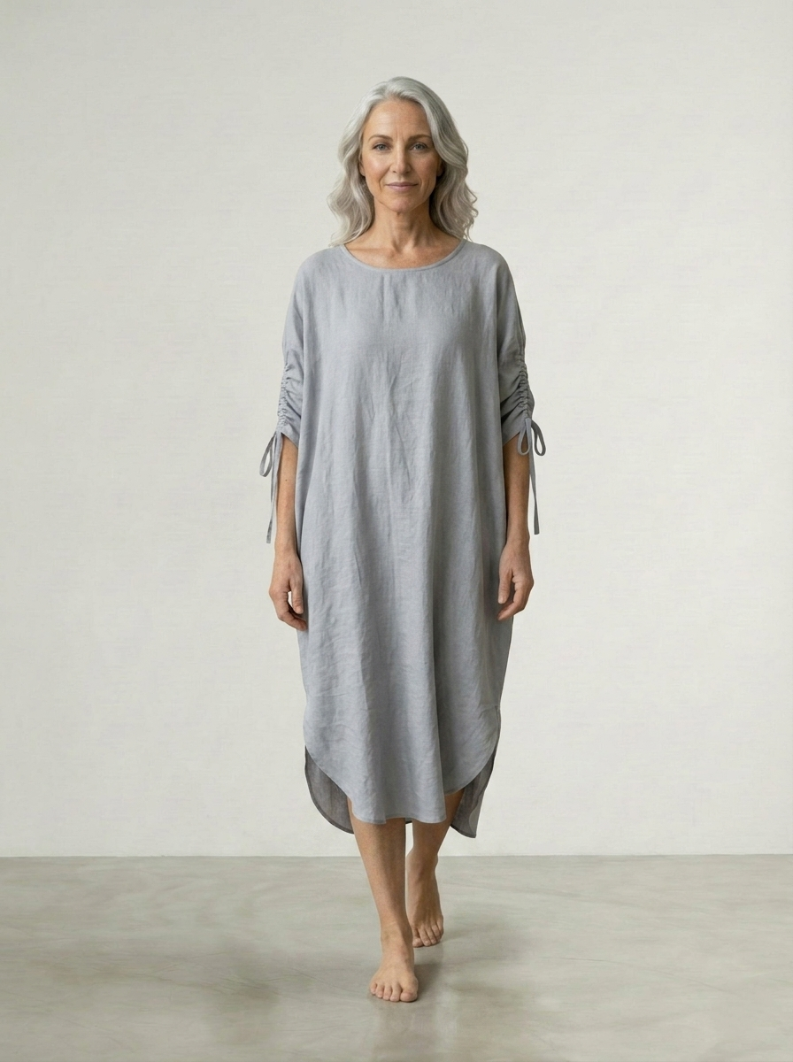 LINEN DRESS WITH DRAWSTRING SLEEVES