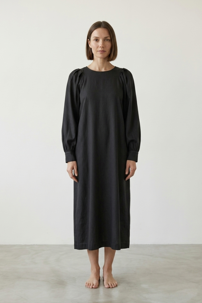 PUFF-SLEEVE MAXI DRESS - BLACK, ONE SIZE