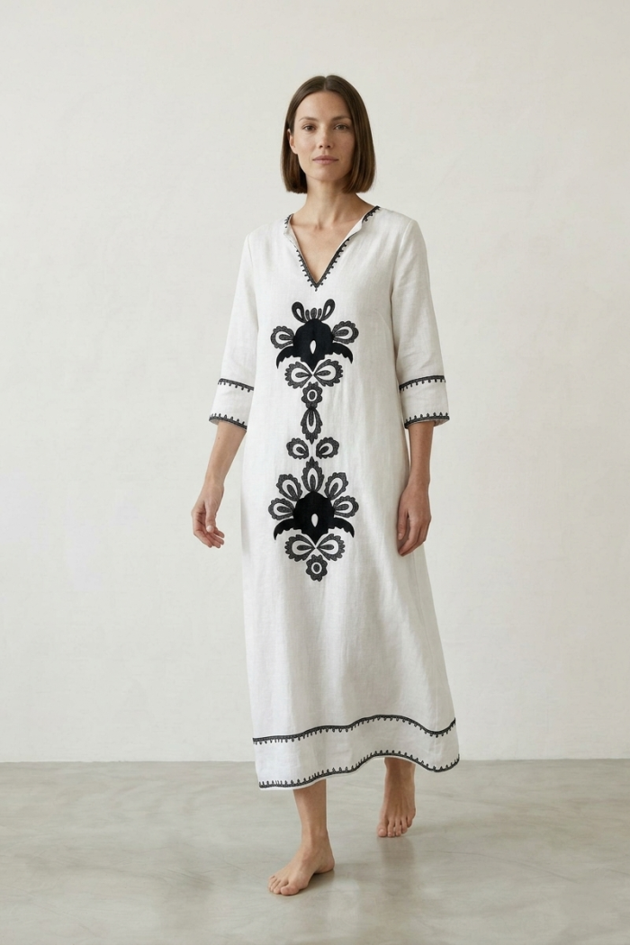 EMBROIDERED KAFTAN DRESS - WHITE, ONE SIZE