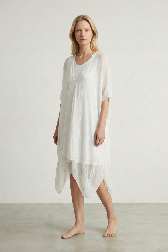 BELTED V-NECK SILK MIDI DRESS - WHITE, ONE SIZE