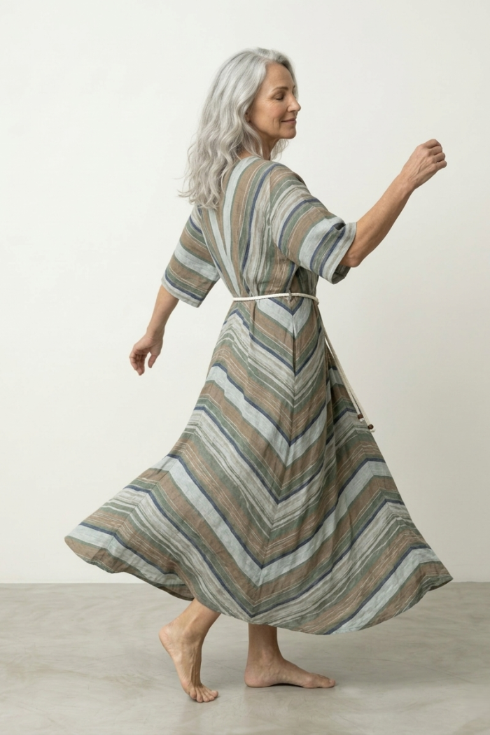 STRIPED COTTON WRAP DRESS - KHAKI, ONE SIZE