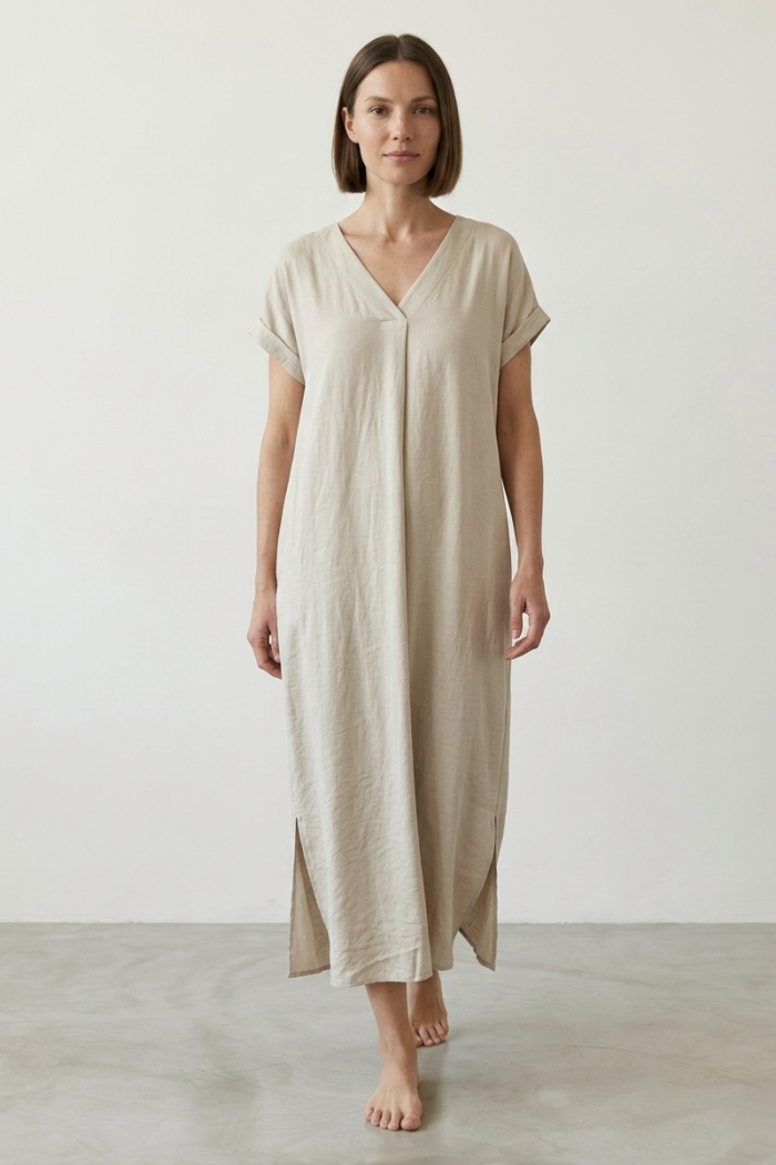 V-NECK CAFTAN DRESS - LIGHT GREY, ONE SIZE