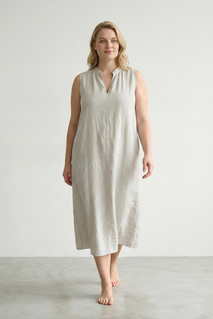 SLEEVELESS LINEN MIDI DRESS - LIGHT GREY, ONE SIZE