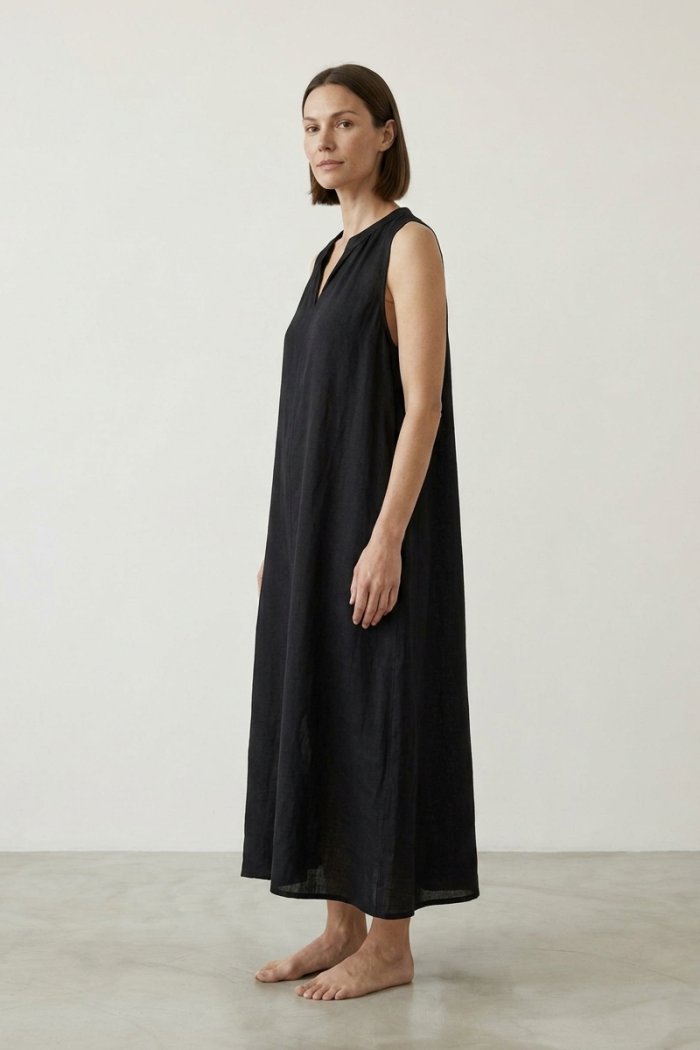 SLEEVELESS LINEN MIDI DRESS - BLACK, ONE SIZE