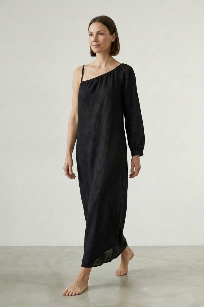 ONE-SHOULDER LINEN DRESS - BLACK, ONE SIZE