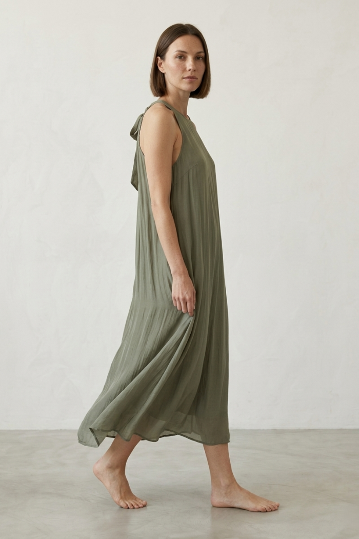 SLEEVELESS TIE-BACK SILK DRESS - KHAKI, ONE SIZE