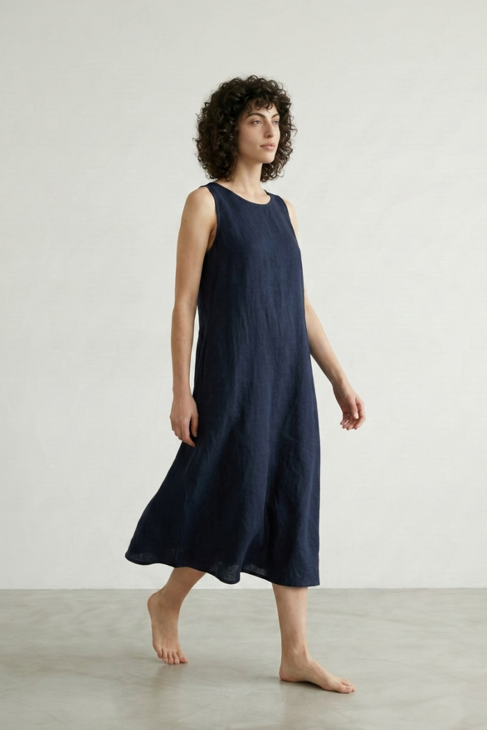 SLEEVELESS BRAIDED-NECK LINEN DRESS - NAVY, ONE SIZE