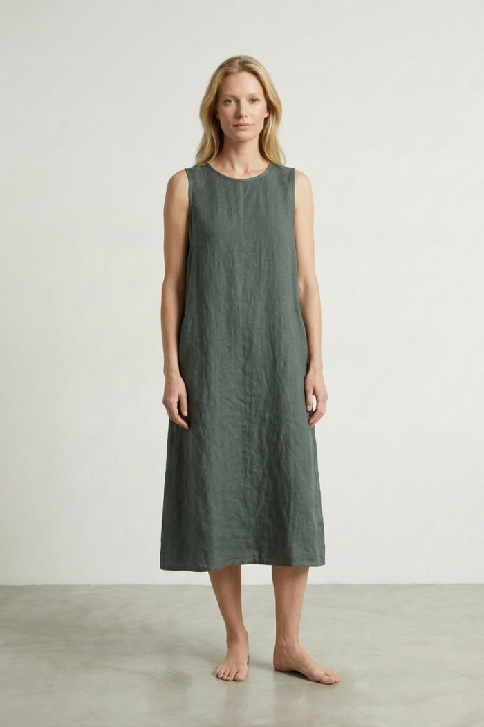 SLEEVELESS BRAIDED-NECK LINEN DRESS - EMERALD, ONE SIZE