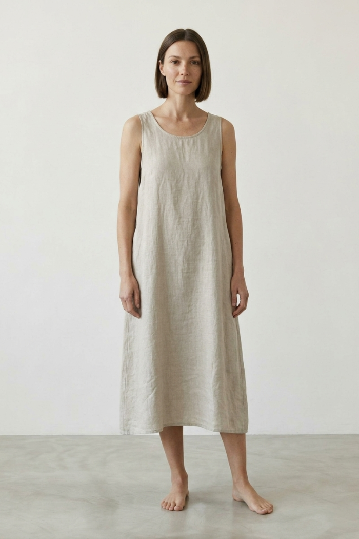 SLEEVELESS BRAIDED-NECK LINEN DRESS - LIGHT GREY, ONE SIZE
