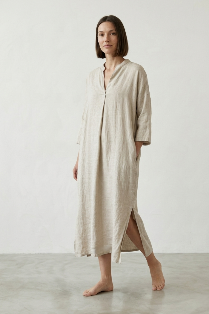 V-NECK LINEN DRESS - LINEN, ONE SIZE