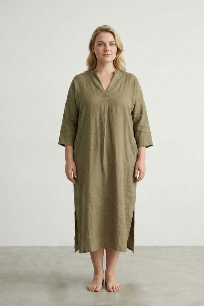 V-NECK LINEN DRESS - CAMEL, ONE SIZE
