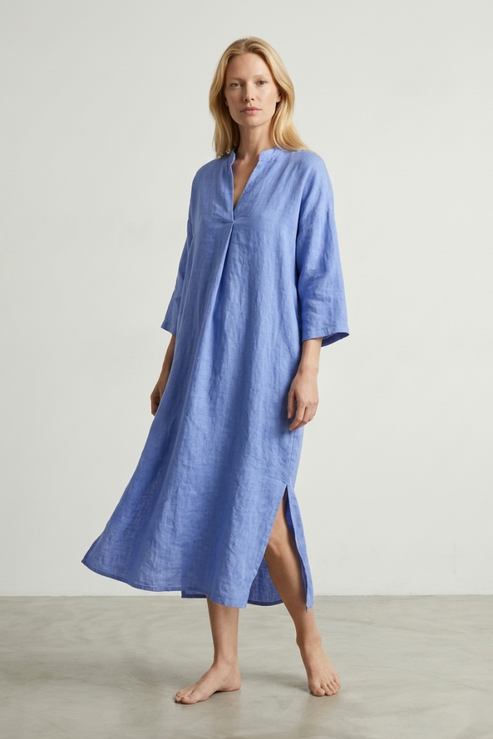 V-NECK LINEN DRESS - COBALT, ONE SIZE