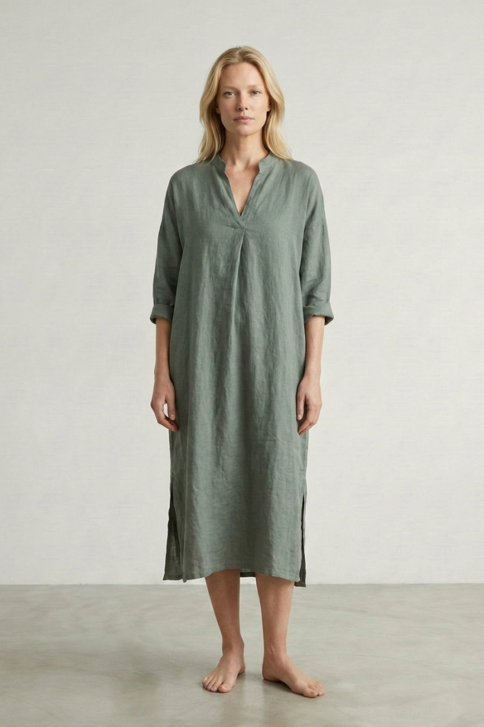 V-NECK LINEN DRESS - EMERALD, ONE SIZE