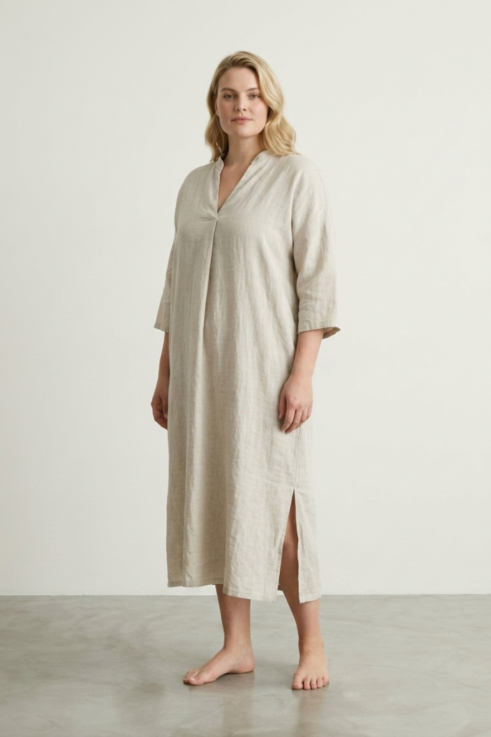 V-NECK LINEN DRESS - LIGHT GREY, ONE SIZE