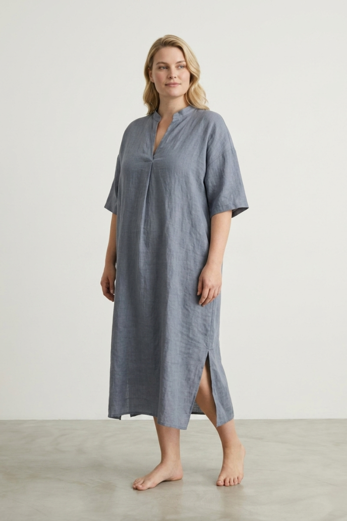 V-NECK LINEN DRESS - GREY, ONE SIZE