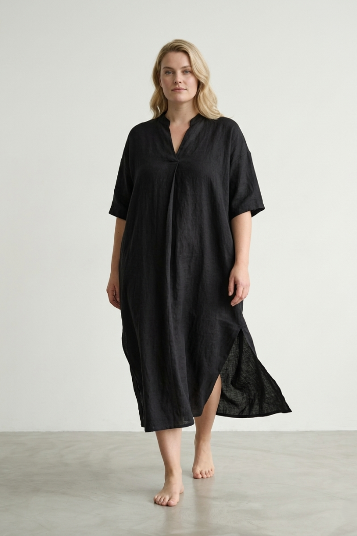 V-NECK LINEN DRESS - BLACK, ONE SIZE