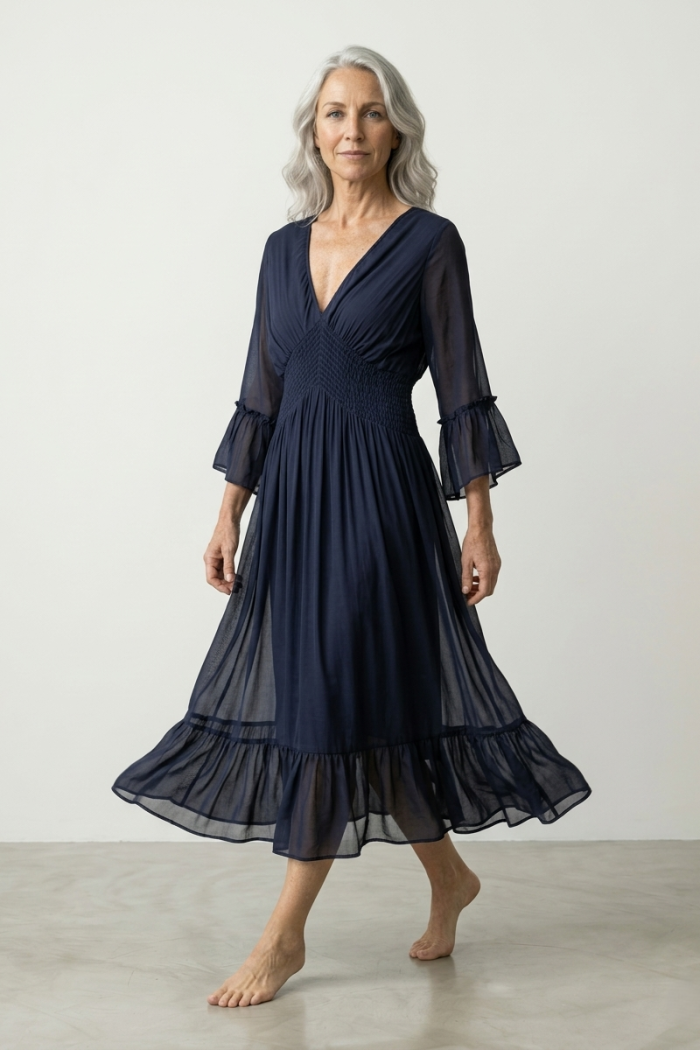 SMOCKED SILK MAXI DRESS - NAVY, ONE SIZE