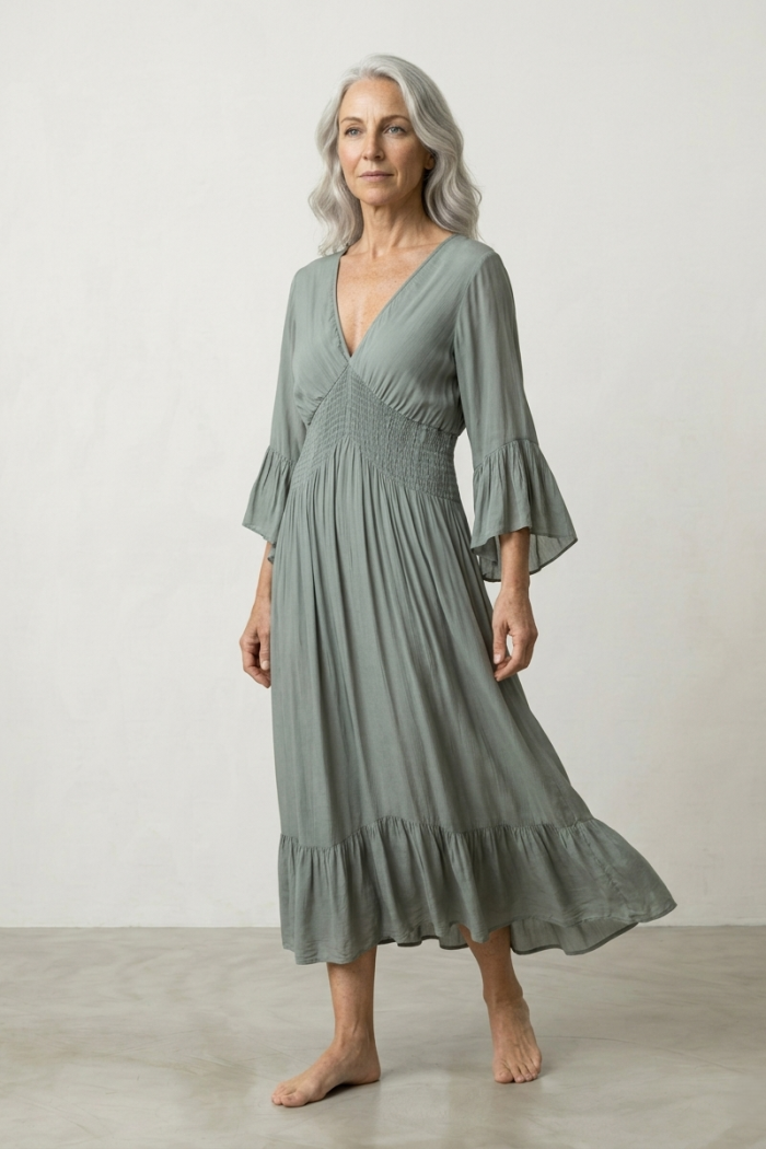 SMOCKED SILK MAXI DRESS - KHAKI, ONE SIZE