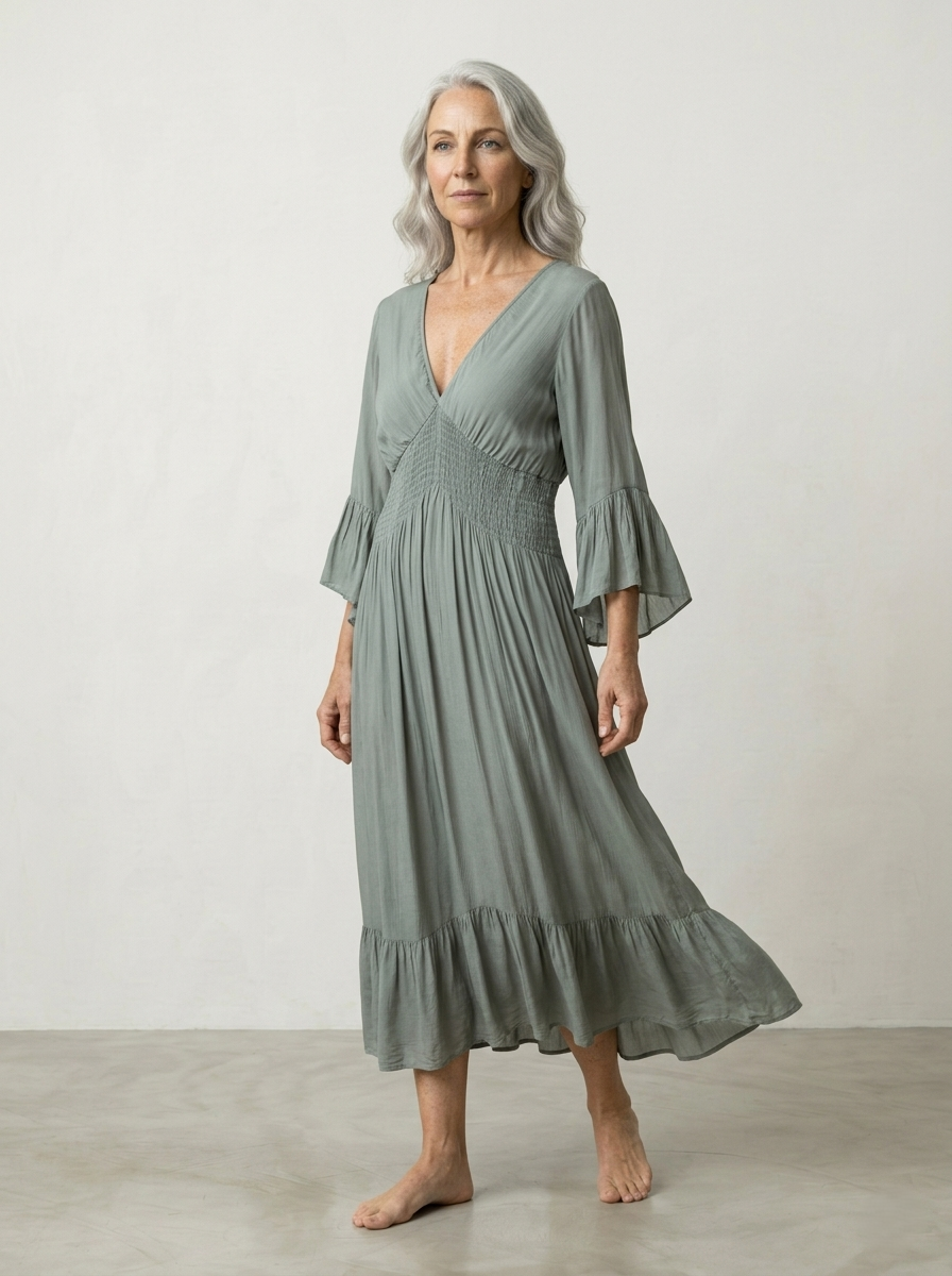SMOCKED SILK MAXI DRESS