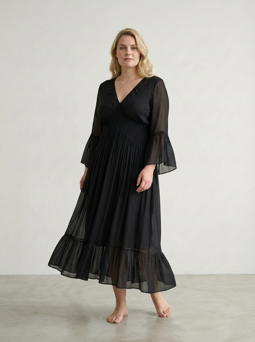 SMOCKED SILK MAXI DRESS