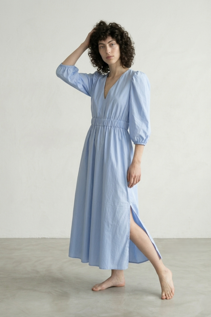 OPEN-BACK COTTON MAXI DRESS - BABY BLUE, ONE SIZE