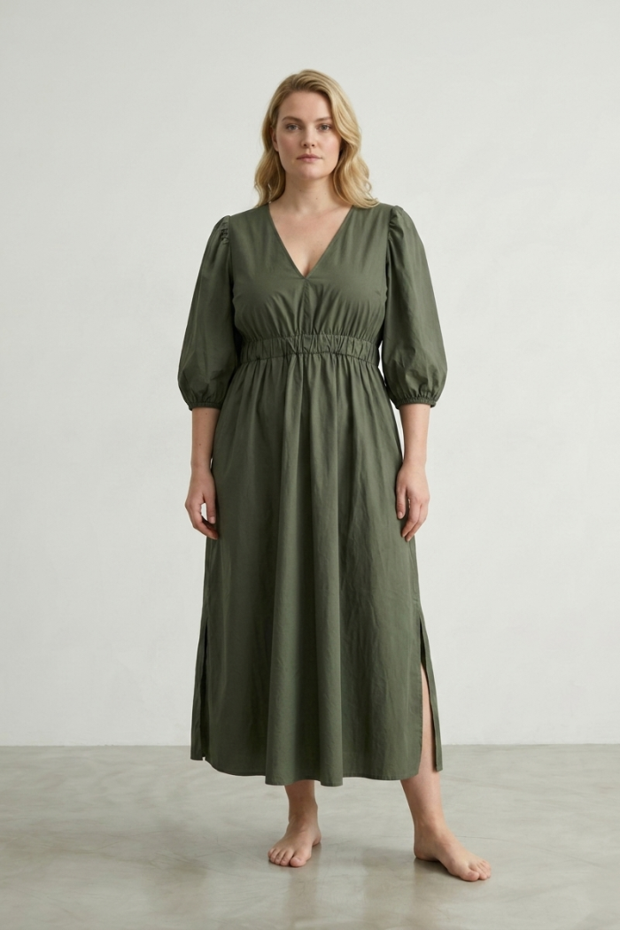OPEN-BACK COTTON MAXI DRESS - KHAKI, ONE SIZE