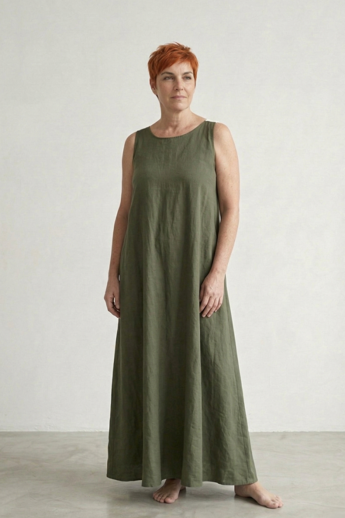 SLEEVELESS COTTON DRESS - KHAKI, ONE SIZE