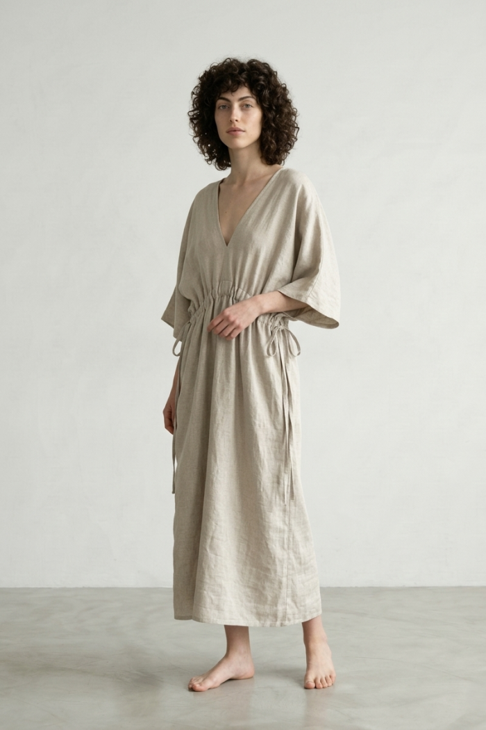 V-NECK LINEN COTTON DRESS - LINEN, ONE SIZE