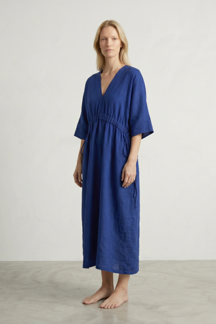 V-NECK LINEN COTTON DRESS - JEANS, ONE SIZE