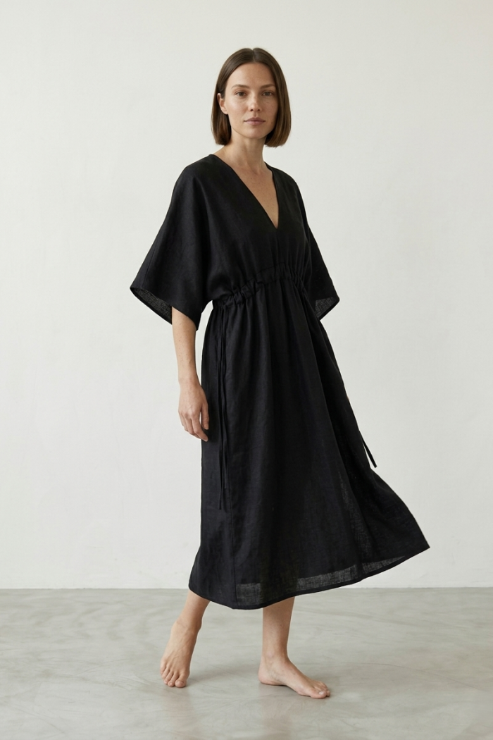 V-NECK LINEN COTTON DRESS - BLACK, ONE SIZE