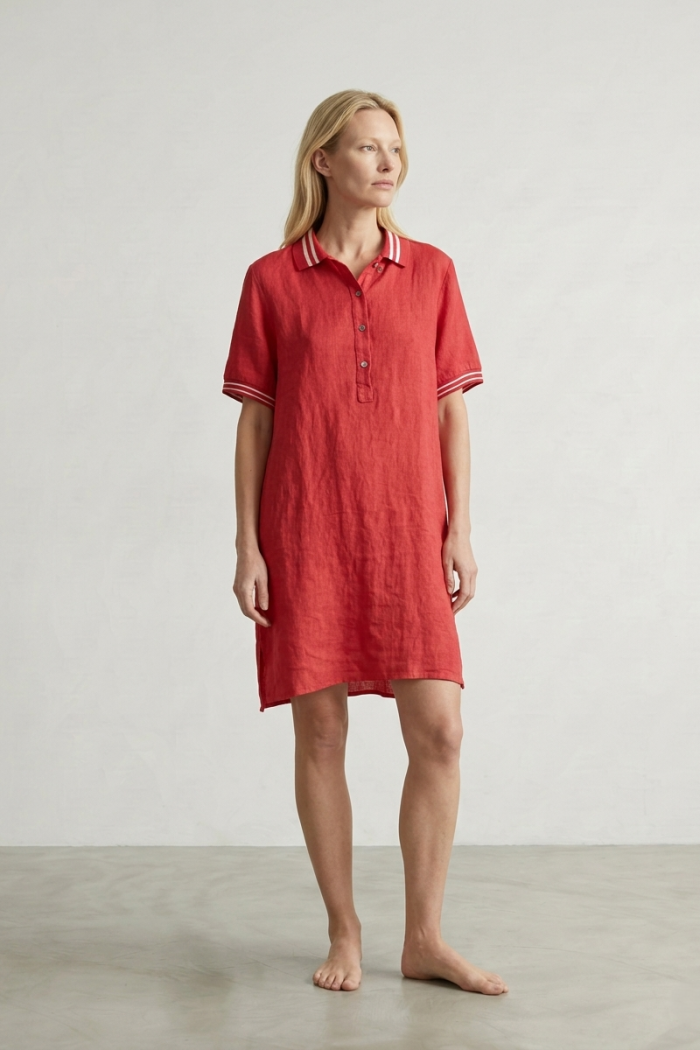 SHORT-SLEEVE LINEN POLO DRESS - RED, ONE SIZE