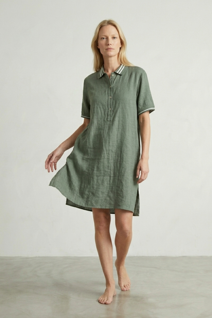 SHORT-SLEEVE LINEN POLO DRESS - KHAKI, ONE SIZE