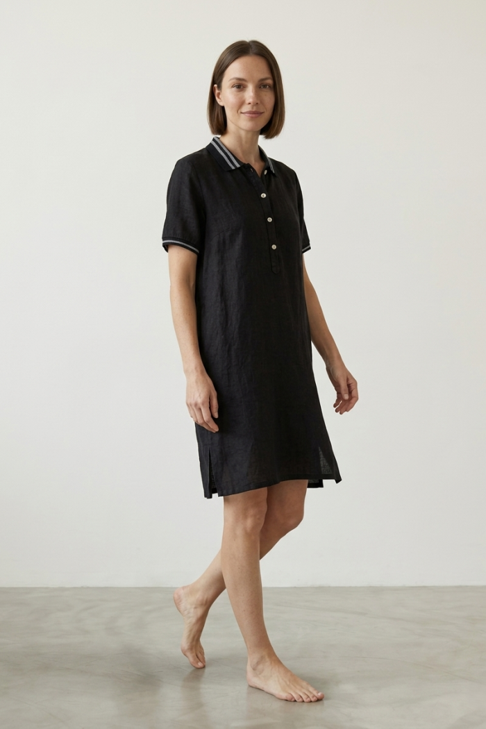 SHORT-SLEEVE LINEN POLO DRESS - BLACK, ONE SIZE