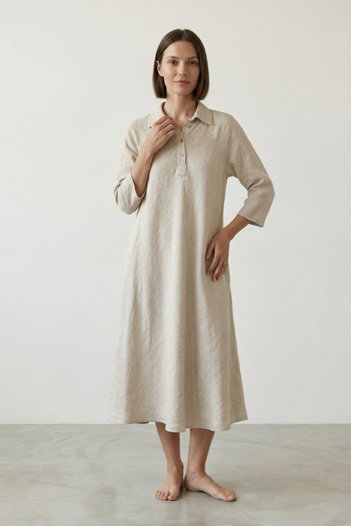 LONG LINEN POLO DRESS - LINEN, ONE SIZE