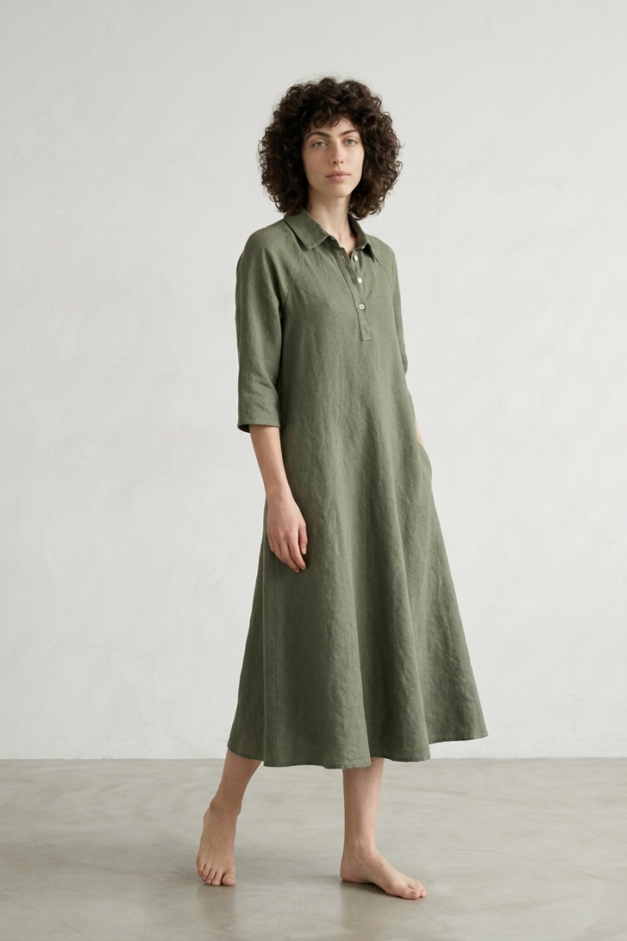 LONG LINEN POLO DRESS - KHAKI, ONE SIZE