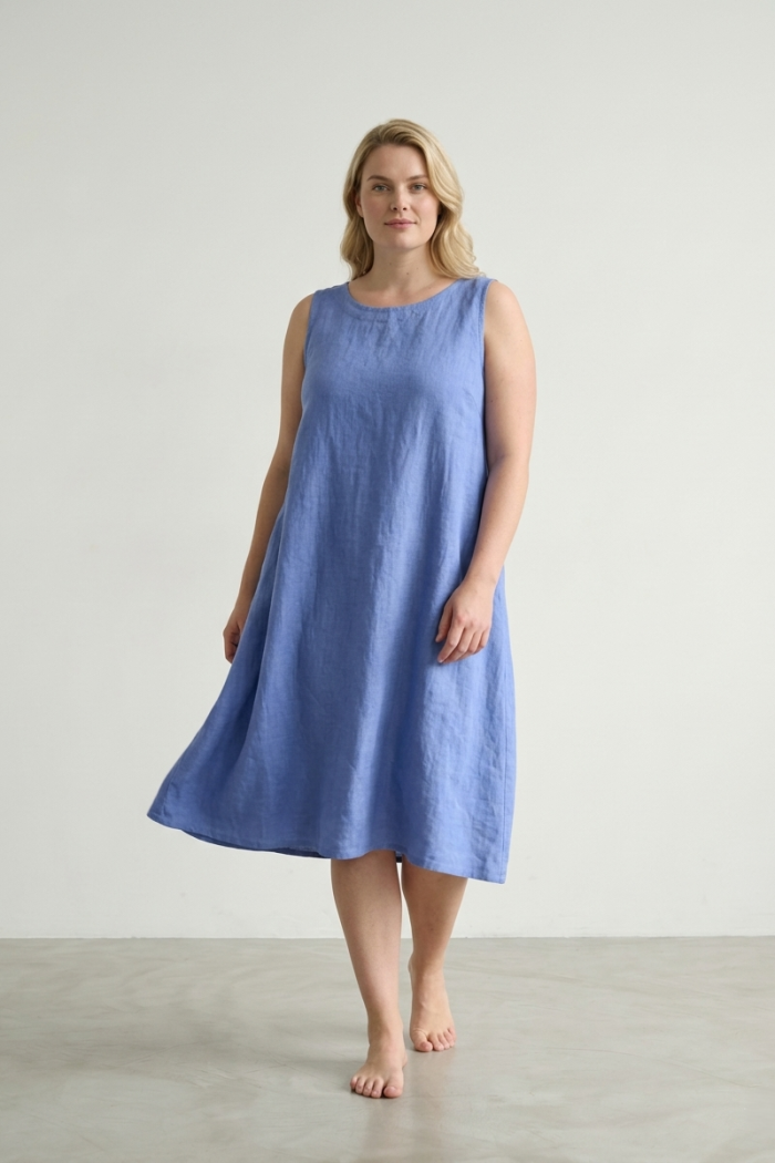 SLEEVELESS BUTTON-BACK LINEN DRESS - LIGHT BLUE, ONE SIZE