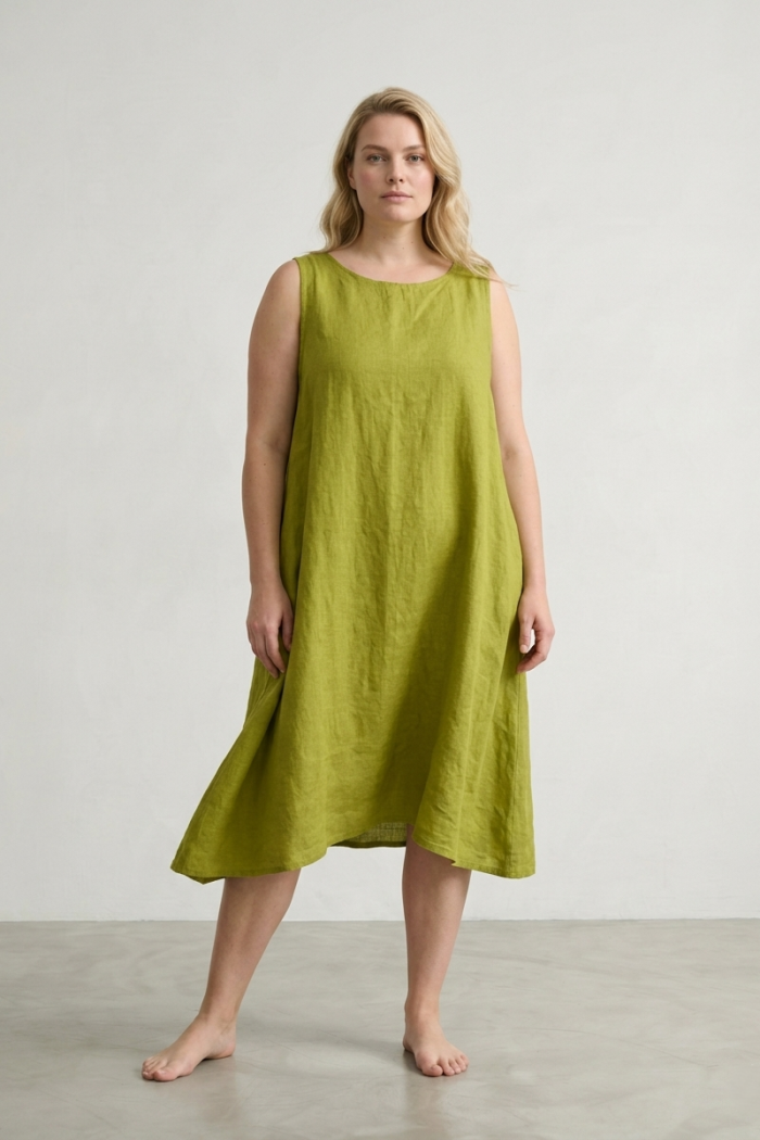 SLEEVELESS BUTTON-BACK LINEN DRESS - LIME, ONE SIZE