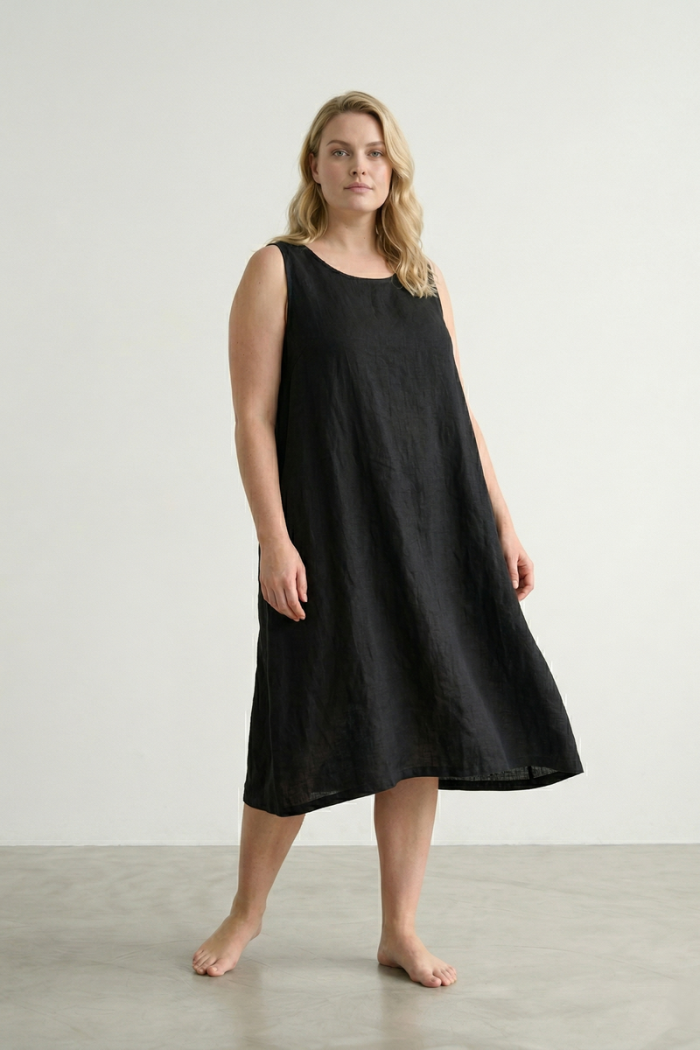 SLEEVELESS BUTTON-BACK LINEN DRESS - BLACK, ONE SIZE