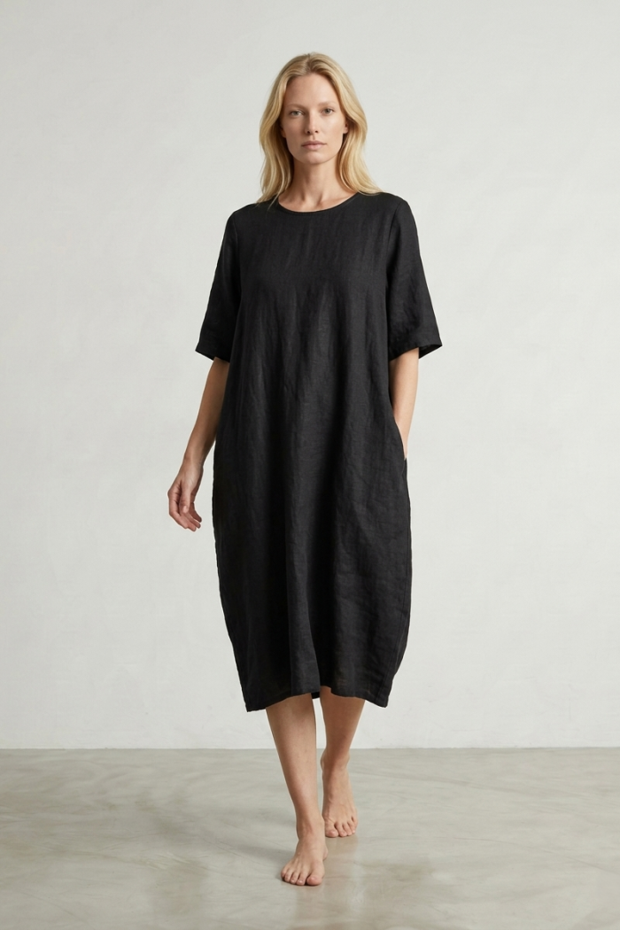 RELAXED LINEN DRESS - BLACK, ONE SIZE