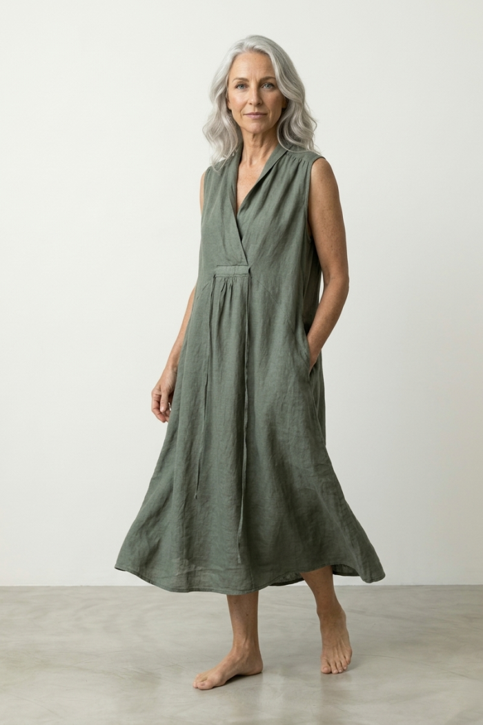SLEEVELESS LINEN MIDI DRESS - KHAKI, ONE SIZE