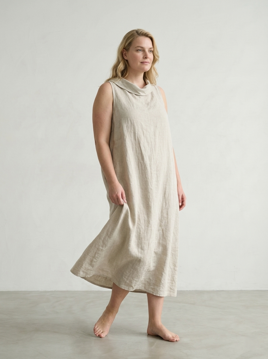 SLEEVELESS HIGH-NECK LINEN DRESS