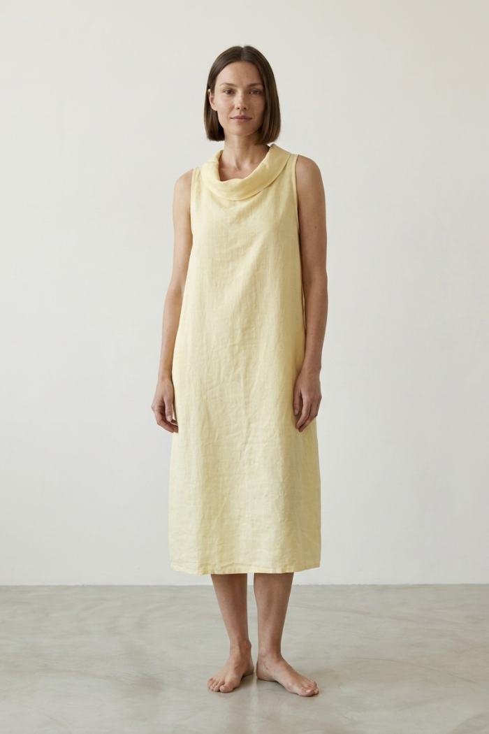SLEEVELESS HIGH-NECK LINEN DRESS - BUTTER, ONE SIZE